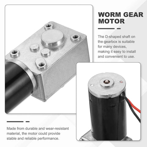 24V high torque worm gear motor with D-shape shaft for industrial use in compact drives and devices like sweepers and printers.