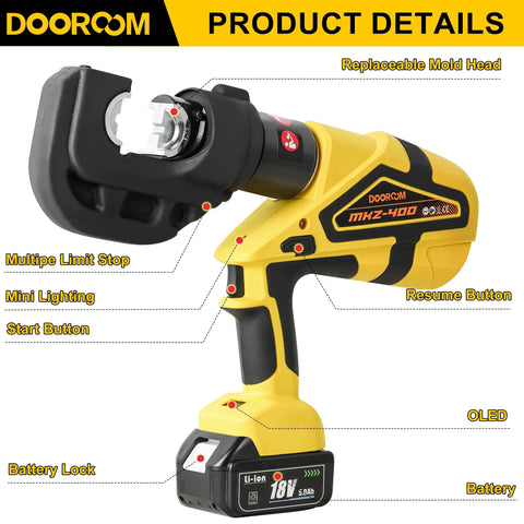 Pro-Gear Heavy Duty Electric Hydraulic Cable Lug Crimping Tool 12-Ton Battery Operated Connector with OLED display and multiple functions