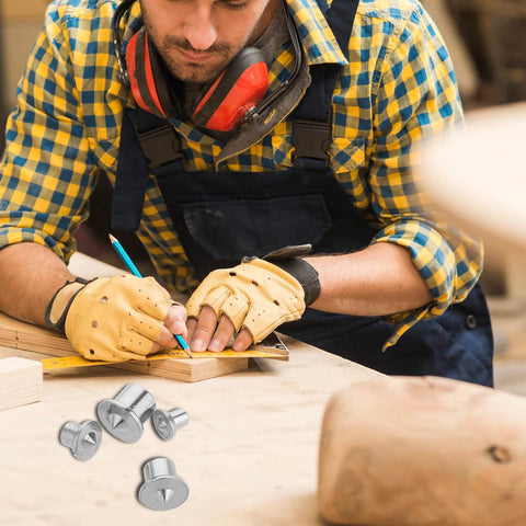 Woodworker using Dowel And Tenon Transfer Plugs Set For Woodworking 20 Pcs Doweling Centering Pins on a wooden project.