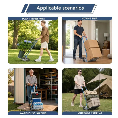 Heavy Duty Folding Hand Cart With Telescopic Handle For Shopping Groceries Travel And Home Use in four scenarios