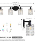 Dimensions and design of Matte Black 4 Light Crystal Vanity Light Over Mirror for Bathroom with metal frame and crystal strings.