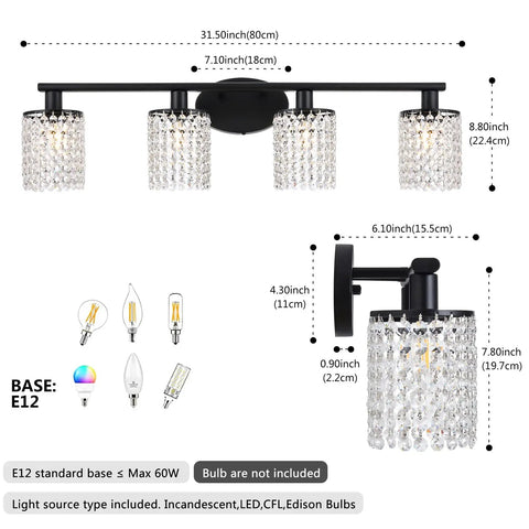 Dimensions and design of Matte Black 4 Light Crystal Vanity Light Over Mirror for Bathroom with metal frame and crystal strings.