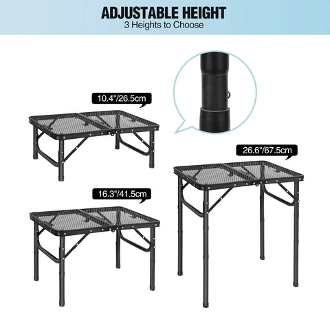 Foldable Grill Table For Outdoors, Lightweight Aluminum Frame, Height Adjustable From Low To Tall, Dense Mesh Desktop