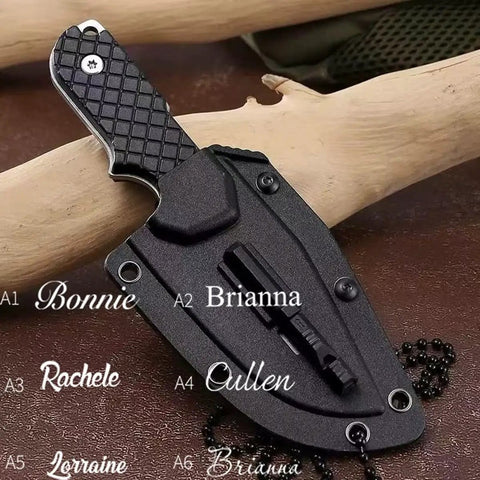 Mini Survival Knife With Sheath, Back Clip Whistle, And Multi Tool Build on wooden surface