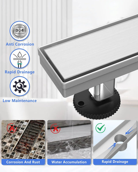 24 Inch Brushed Nickel Linear Shower Drain Built Tough From 304 Stainless Steel That Will Not Rust Up In Wet Bathrooms Features Tile Insert Grate