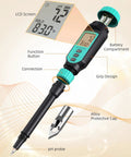 Soil pH Tester With High Accuracy Digital pH Meter showing LCD, battery, grip, pH probe, alloy protective cap on white background
