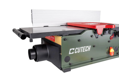 Ten Inch Spiral Cutterhead Benchtop Jointer Built Like A Tank With Heavy Duty Cast Iron Tables and powerful 12 amp motor view from the side.