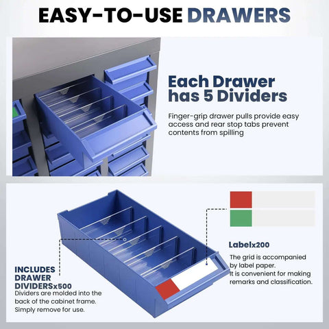 Close-up view of a 100 Drawer Parts Cabinet With Shelves And Label Stickers Bolt And Nut Organizer For Garage Or Shop Pro Grade Steel Tool Storage Cabinet For Small Parts And Hardware Organization showing dividers and labels.