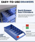 Easy-to-use drawers with dividers in the Boss Level Heavy Duty 100 Drawer Nut And Bolt Organizer Cabinet With Stainless Steel Build.