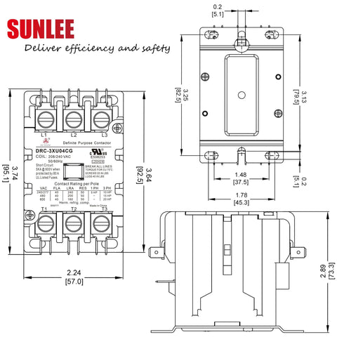Technical diagram of Three Pole 40 Amp 240V HVAC Contactor, showing dimensions and UL A2L compliance details for reliable switching.