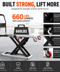 Heavy Duty Electric Scissor Lift Table Cart With 660 Pound Capacity And 52 Inch Max Height, showcasing hydraulic cylinder and wheel design.