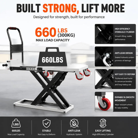 Heavy Duty Electric Scissor Lift Table Cart With 660 Pound Capacity And 52 Inch Max Height, showcasing hydraulic cylinder and wheel design.