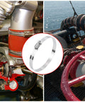 Selizo 4-inch stainless steel hose clamps collage: engine hose install, marine duct hose, and worm-gear clamp close-up