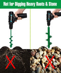 Fast Planting Auger Drill Bit Set for Garden 4 Pack Spiral Bits showing unsuitable use on roots and stones.