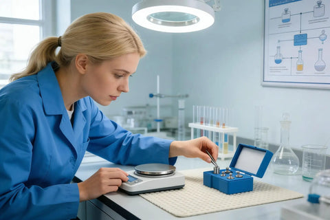 Scientist using M2 Class Calibration Weight Set 105g Total 50g, 2x20g, 10g, 5g for lab scale testing with precision tools in lab