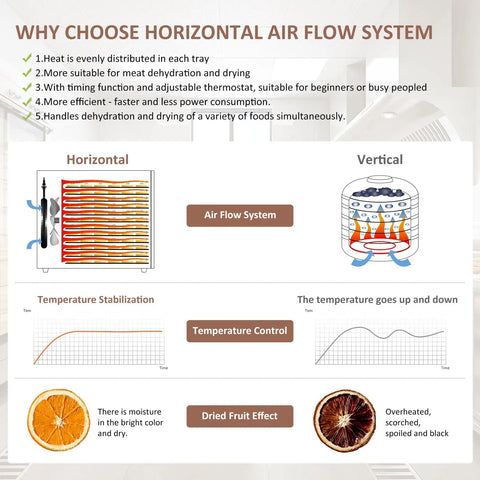 Infographic explaining features of Heavy Duty Commercial Food Dehydrator With Twelve Roomy Trays, Slick Stainless Steel Drying Rack.