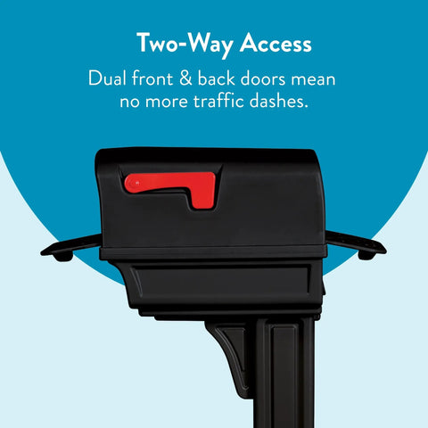 Top Shelf Heavy Duty Double Wall Plastic Mailbox And Post Kit With Dual Access, showing dual front and back doors for easy access.