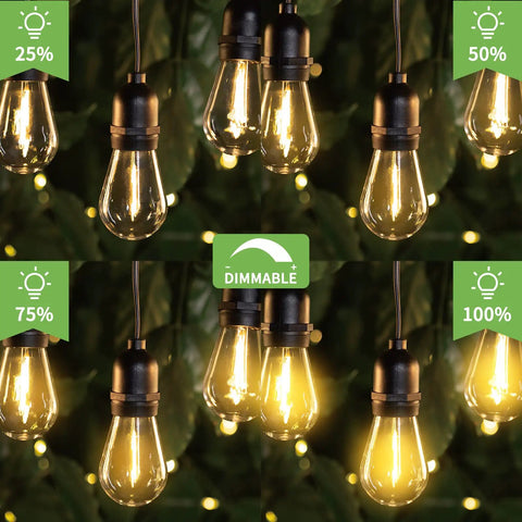52 Foot Dimmable LED Outdoor String Lights With Remote Dimmer Waterproof Patio Lighting For Backyard Porch And Bistro Mood Includes 15 Plus 1 Shatterproof Edison Bulbs And Four Brightness Modes For 25 50 75 And 100 Percent showing four brightness settings.