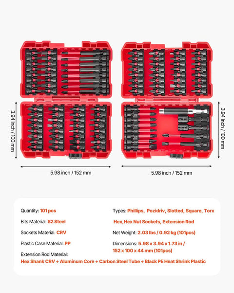 Dang Tough 101 Piece Screwdriver Bit Set Heavy Duty S2 Steel magnetic bits in red storage case showing various sizes.