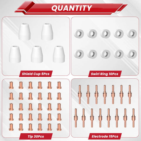 60Pcs PT31 Plasma Cutter Consumables Set Includes Torch Tips And Nozzles For CUT55A Fit LG40 JG40 PT31 Replacement Parts Quantity