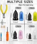 60 Piece Tire Repair Nails Kit With Four Sizes For Quick DIY Self Service Tire Fix Includes Screwdriver Bit Valve Nozzle Tool And Mini Nail Puller For Car Motorcycle Truck showing tools and sizes.
