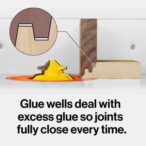 Grab This Knockout Lock Miter Router Bit For Flawless Woodworking Joints With Zero Sweat Setup And A Pro Grade Half Inch Shank featuring glue wells on joint.