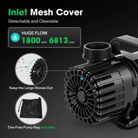 Close-up of submersible pond pump, 1800 GPH, with inlet mesh cover and included pump bag