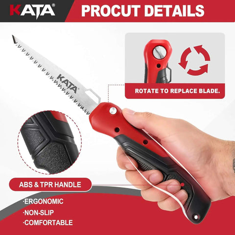 Five In One Folding Hand Saw For Drywall And More With Quick Change Blades in hand showing ergonomic handle and rotation feature