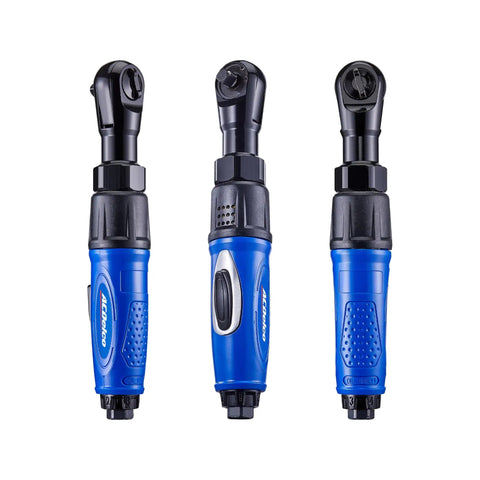 Three views of 3/8 Inch Air Ratchet Wrench With 60 Ft-Lbs Torque, 160 RPM, Pro Grade for automotive and industrial jobs.