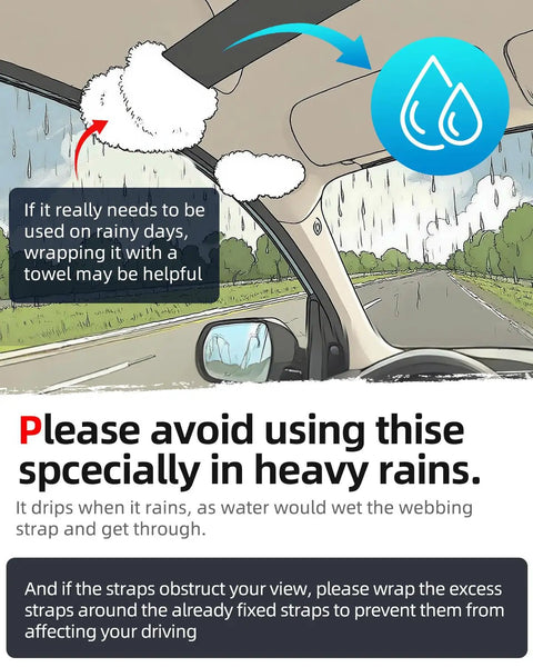 Warning about using Soft Roof Rack Pad Kit in heavy rain with advice on wrapping webbing straps to prevent water entry.
