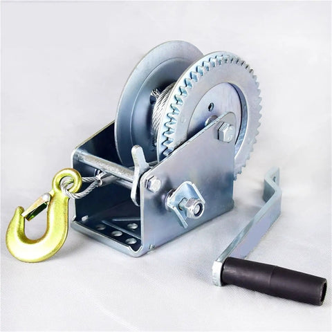 Heavy Duty Electric Hoist Hand Crank Winch Crane 3000 LB Capacity Wire Rope Lifter for DIY projects, silver steel build.