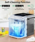 Front view of DUMOS countertop ice maker with handle; clear reservoir and blue ice