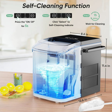 Front view of DUMOS countertop ice maker with handle; clear reservoir and blue ice