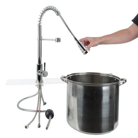 Pull Down Kitchen Faucet With Sprayer Chrome Finish 2 In 1 Stream And Spray Hi Arc Gooseneck Stainless Steel Sink Faucet extended over pot