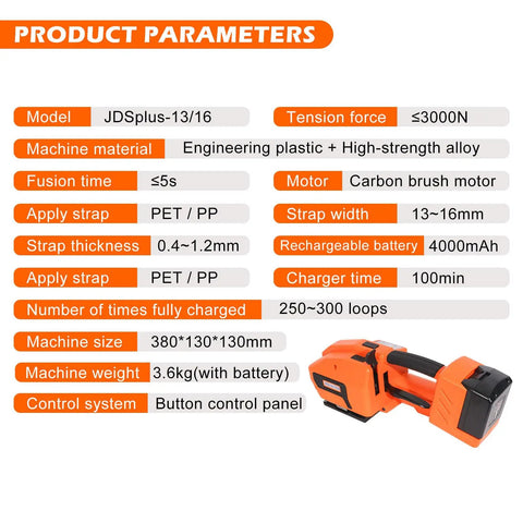 Built Tough Cordless Electric Strapping Machine With Bright Lcd Screen Dual Long Last Batteries For No Stress Pp Pet Strap Baling On Cartons And Heavy Pallets - product parameter chart showing specifications and features.