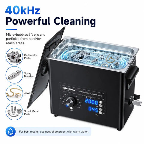 Heavy Duty 6 Liter Ultrasonic Cleaner With Digital Timer And Heater, showing carburetor parts and jewelry in tank.