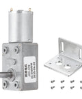 Heavy Duty DC Six Volt Worm Gear Motor Providing Ninety Rpm Low Speed And Beefy High Torque Via Fourteen Millimeter D Shaft Self Locking Design Made For Car Mods Home Tech And Robot Kits Includes Mounting Bracket And Screws For Fast Install Anytime.