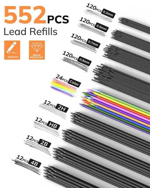 552 lead refills for metal mechanical pencil set, includes 0.3mm to 2.0mm sizes, color leads, and graphite options arranged neatly.