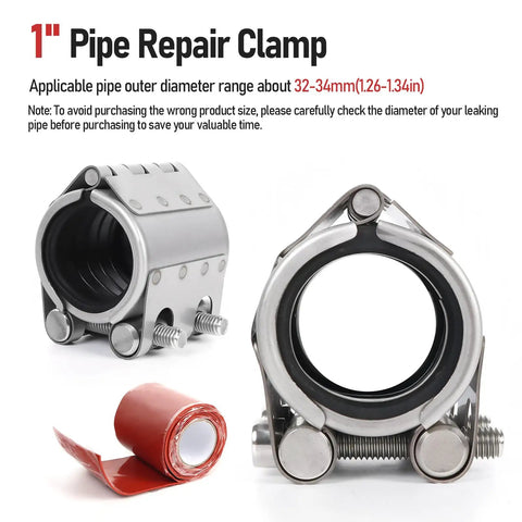 Upgraded Pipe Repair Clamp With M1 Self-Adhesive Leak-Sealing Tape 304 Stainless Steel Rust-Proof Kit for Plastic and Metal Pipes