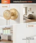 Front view of satin brass dummy door knobs for closet and pantry, vintage non turning inactive interior door handles, installed