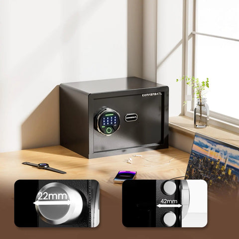 20 Lb Smart Biometric Safe With Fingerprint Lock For Quick No Fuss Access And Real Security on office desk with key and bolts.