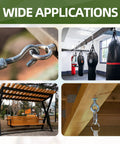 4 Pack M8 X 100mm Stainless Steel Eye Bolts With Nuts And Washers used for swing and gym installations, shown in use.