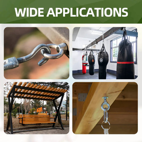 4 Pack M8 X 100mm Stainless Steel Eye Bolts With Nuts And Washers used for swing and gym installations, shown in use.