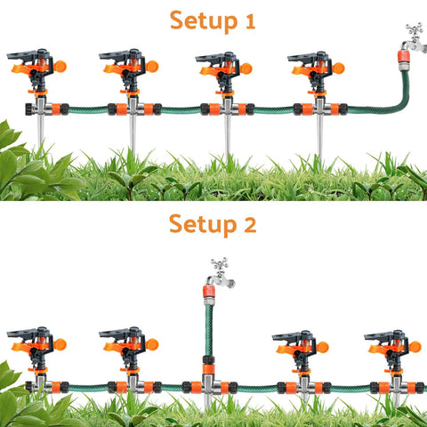 Two setups of 3 Pack Pulsating Sprinklers With Metal Spike 360 Degree Adjustable Rotating Impact Sprinkler For Large Yard