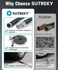 Front view of SUTREKY garden hose kit with 50 ft hose and metal fittings.