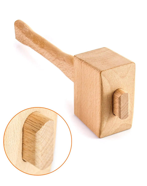 Wooden Mallet 9.5 Inch Beech Hammer For Ice Crushing And Chisels Woodworking Hand Tool Pro Grade Durable Solid Carpenter Tool With Smooth Grip Handle For DIY Projects, showing detailed beech wood texture and smooth grip handle close-up.