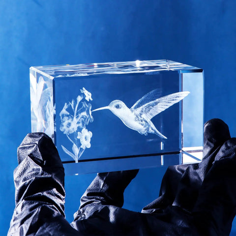 Crystal Hummingbird Laser Engraved 3D Figurine Gift For Her And Him, Dope K9 Crystal Display With Colorful LED Base in hand.