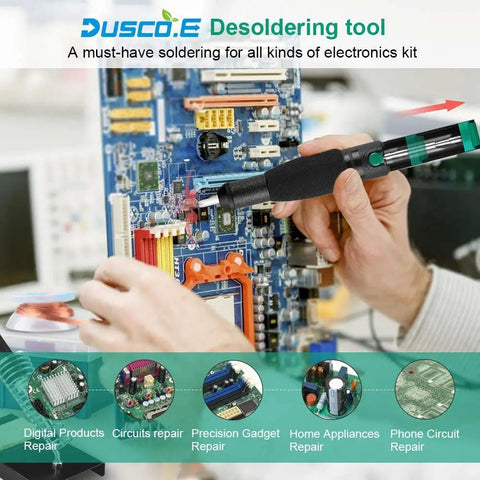 Person using 4 In 1 Desoldering Kit For DIY Electronics With Vacuum Pump, Spare Nozzle on a circuit board for electronics repair