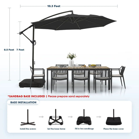 10 Foot Patio Cantilever Umbrella With Sandbag Base Included, Offset Outdoor Shade, over patio set, installation steps.