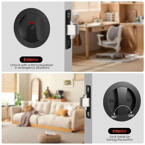 Matte Black Pocket Door Lock Set With Privacy Indicator For Sliding And Pocket Doors, interior and exterior locking focus